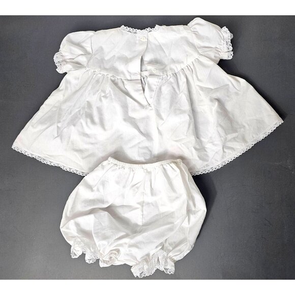 Vtg Garden Of Angels Hand Made NB Dress Bloomers Set White Embroidered Lace Trim - Picture 11 of 14